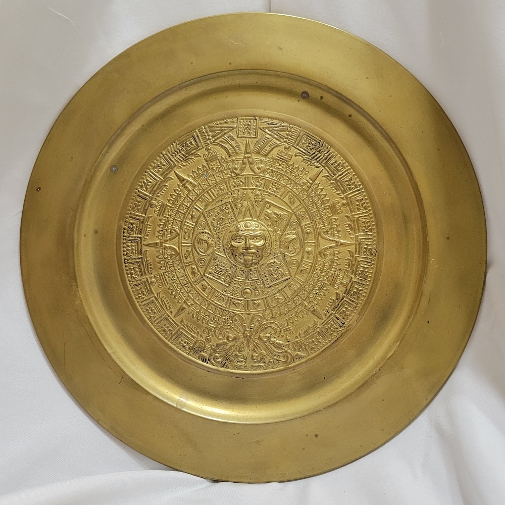 Brass Mayan Calendar, Embossed Wall Plate, Vintage Brass Home Decor